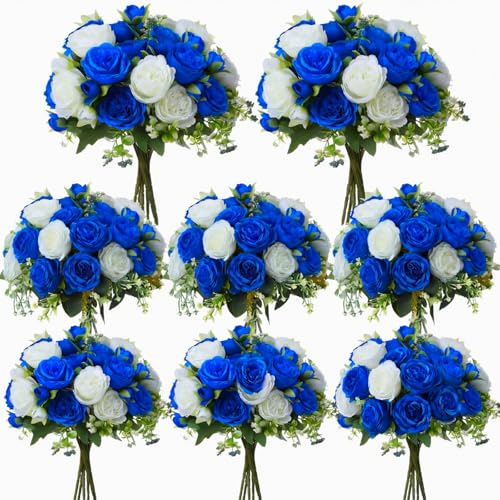 Geosar 8 Bundles Artificial Peonies Flowers Fake Silk Peony Bouquet Faux Peonies Flowers Bulk for Decoration Vase Floral Arrangements Wedding Party Table (Royal Blue,White) - Image 1