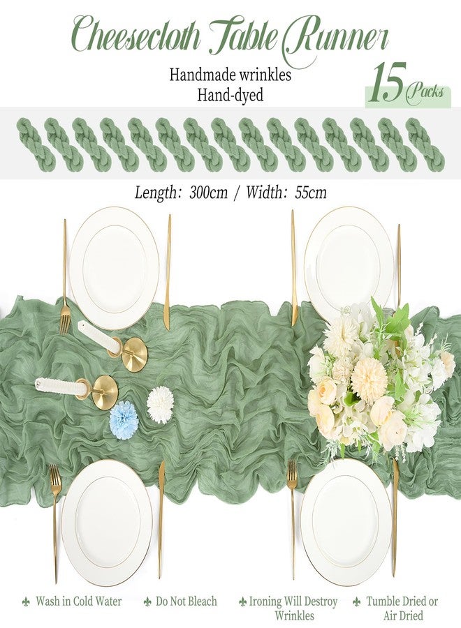Lykoow 15 Packs Sage Green Cheesecloth Table Runner, 10 Ft Sage Rustic Gauze Boho Wedding Table Runner Decoration, Wedding Table Decor Table Cloth for Wedding Party Bridal Shower Table,21.5x120in - Image 2