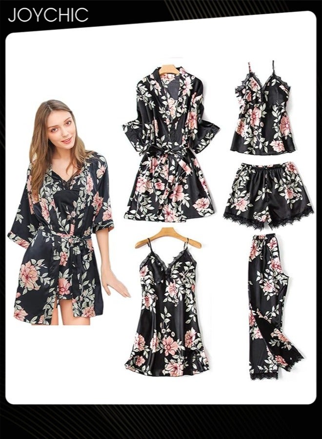 Joychic بيجامة نسائية مكونة من 5 قطع بتصميم زهور دانتيل فضفاضة ومريحة، بياقة على شكل V وأكمام ثلاثة أرباع، صديقة للبشرة، فستان نوم طويل للمنزل لجميع الفصول باللون الأسود - Image 1