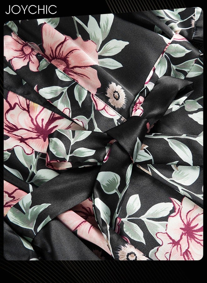 Joychic بيجامة نسائية مكونة من 5 قطع بتصميم زهور دانتيل فضفاضة ومريحة، بياقة على شكل V وأكمام ثلاثة أرباع، صديقة للبشرة، فستان نوم طويل للمنزل لجميع الفصول باللون الأسود - Image 2