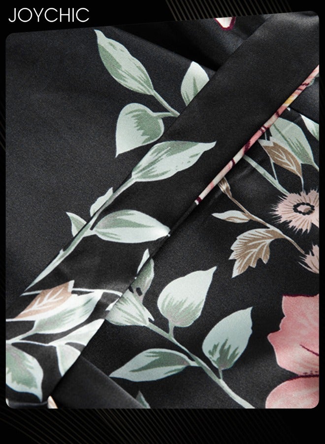 Joychic بيجامة نسائية مكونة من 5 قطع بتصميم زهور دانتيل فضفاضة ومريحة، بياقة على شكل V وأكمام ثلاثة أرباع، صديقة للبشرة، فستان نوم طويل للمنزل لجميع الفصول باللون الأسود - Image 3