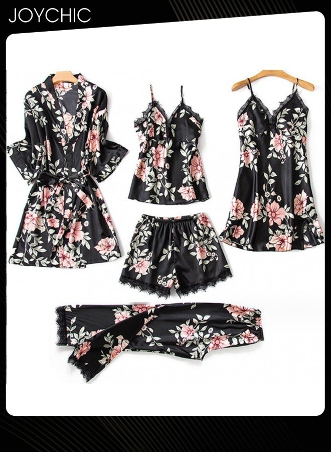 Joychic بيجامة نسائية مكونة من 5 قطع بتصميم زهور دانتيل فضفاضة ومريحة، بياقة على شكل V وأكمام ثلاثة أرباع، صديقة للبشرة، فستان نوم طويل للمنزل لجميع الفصول باللون الأسود - Image 4