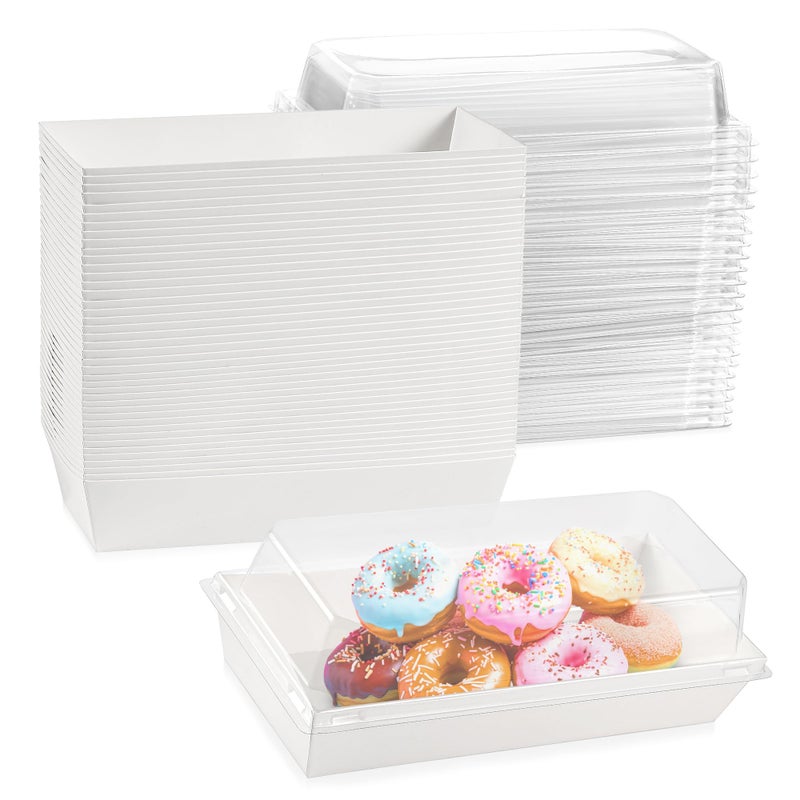 Leafiew 50 Pack 7.5x3.3 Inches Small Charcuterie Boxes with Clear Lids - To Go Paper Mini Treat Box, Charcuterie Boards Accessories, Dessert Boxes, Cookie, Cake Slice, Chocolate Strawberry, Donut (White) - Image 1