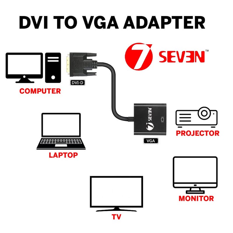 7-Seven 7SEVEN™ DVI to VGA Adapter, 1080p Active DVI-D Male to VGA Female Adapter Converter 24+1 Male to Female Adapter - Black - Image 3