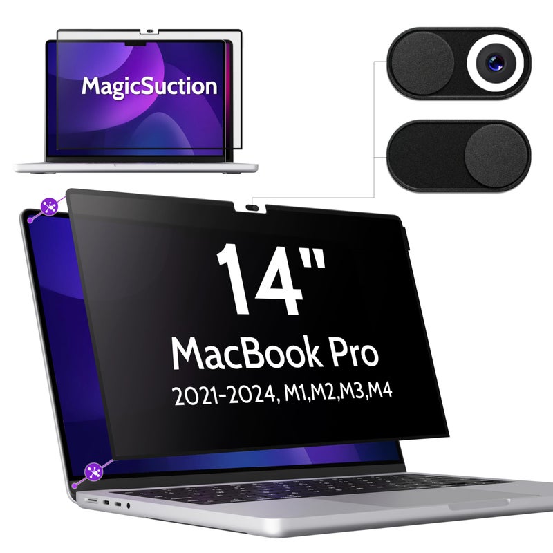 Peslv Privacy Screen for MacBook Pro 14 Inch (2021-2024, M1, M2, M3, M4), MagicSuction™ Removable Anti Spy Black Protector, Glare Blue Light Filter for Mac Laptop Computer - Image 1