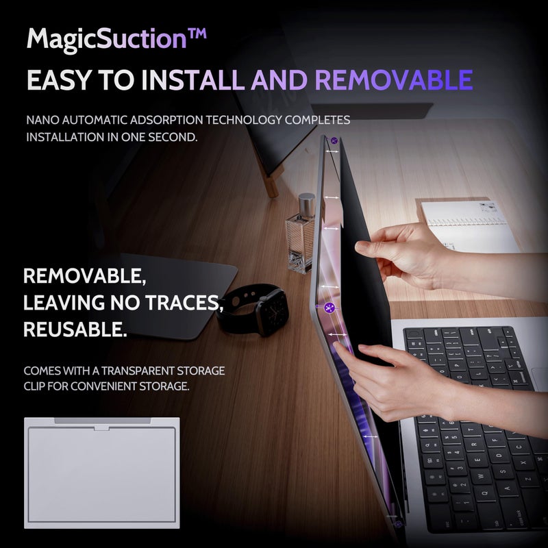 Peslv Privacy Screen for MacBook Pro 14 Inch (2021-2024, M1, M2, M3, M4), MagicSuction™ Removable Anti Spy Black Protector, Glare Blue Light Filter for Mac Laptop Computer - Image 2