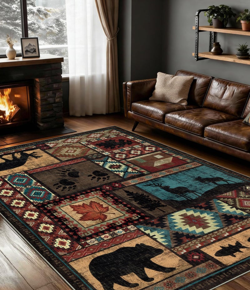 YIHOUSE Rustic Cabin Area Rug 5x7,Machine Washable Lodge Bear Rug,Non-Slip Low Pile Print Pattern Southwestern Rug for Living Room Bedroom - Image 1