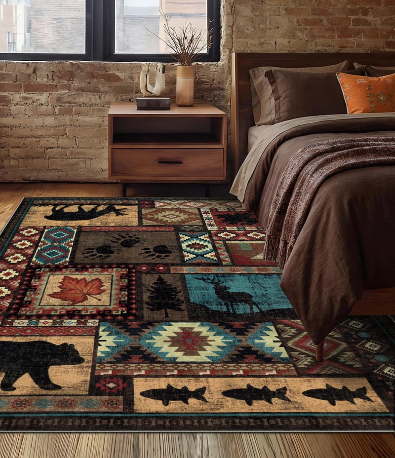 YIHOUSE Rustic Cabin Area Rug 5x7,Machine Washable Lodge Bear Rug,Non-Slip Low Pile Print Pattern Southwestern Rug for Living Room Bedroom - Image 3