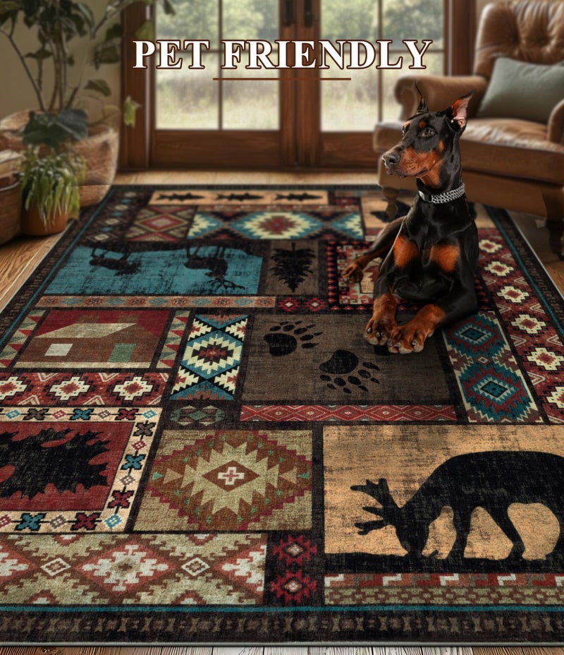 YIHOUSE Rustic Cabin Area Rug 5x7,Machine Washable Lodge Bear Rug,Non-Slip Low Pile Print Pattern Southwestern Rug for Living Room Bedroom - Image 5