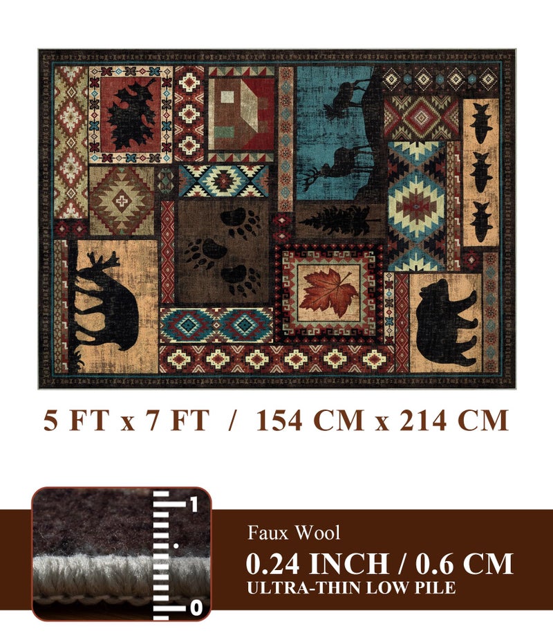 YIHOUSE Rustic Cabin Area Rug 5x7,Machine Washable Lodge Bear Rug,Non-Slip Low Pile Print Pattern Southwestern Rug for Living Room Bedroom - Image 2