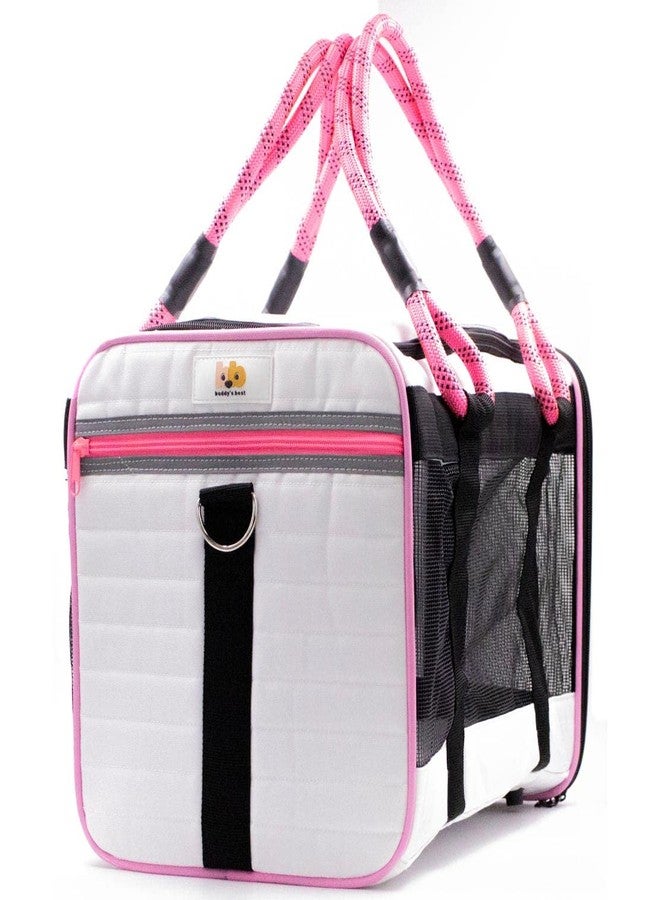 Buddy's Best Airline Approved Pet Carrier - White & Pink Heavy Duty, Fits Under Seat, TSA Compliant, Ventilated Mesh Design w/Waterproof Base & Reflective Safety Strips - Image 2