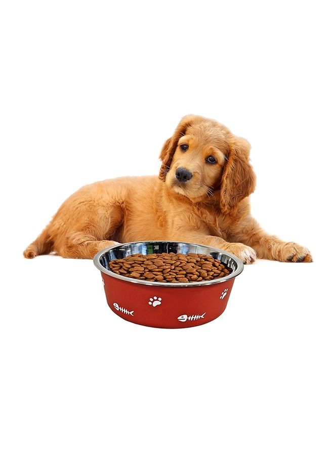 MAJIBAO Dry or Wet Food Feeder for Dog in Stainless Steel Bowl, Rubber in the Base for Sliding Prevention, Normal Size Bowl, Fish Design on Body, Red Color, Bowl Diameter 17 Cm  - Image 1