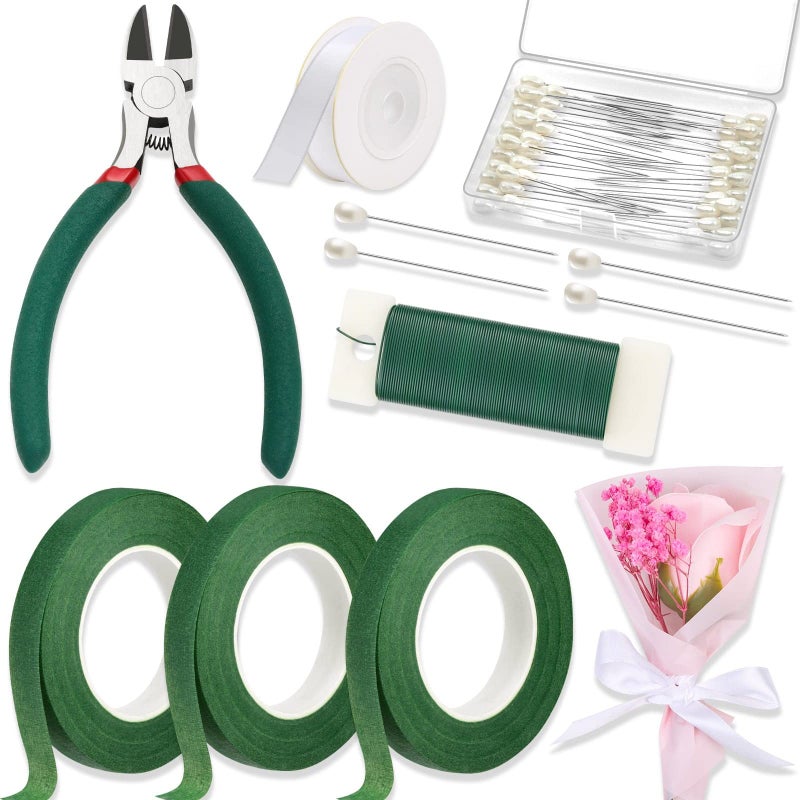 PAXCOO Floral Tape and Wire, Florist Tape and Flower Wire Arrangement Kit with White Ribbon, Boutonniere Pin, Cutter for Bouquets, Crafts, Wreath Making (Dark Green) - Image 1