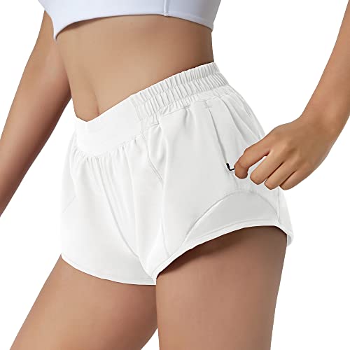 Aurefin Running Shorts for Women,Quick Dry Athletic Sports Shorts Lightweight Active Workout Gym Shorts with Zip Pocket White/S - Image 2