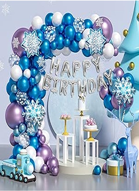 ZFUNBO Snowflake Balloon Garland Kit, 121pcs Frozen Balloon Garland Arch Kit with Snowflake, Happy Birthday Snowflake Foil Balloons for Snowflake Party Decorations, Winter Party Decorations