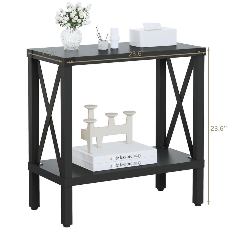 MMEOLUOOK Narrow End Table, Large Sofa Side Table, Farmhouse Nightstand with Storage Shelve, Slim Bedside Table for Living, Room Bedroom, Lounge Black MLBZ17B - Image 3