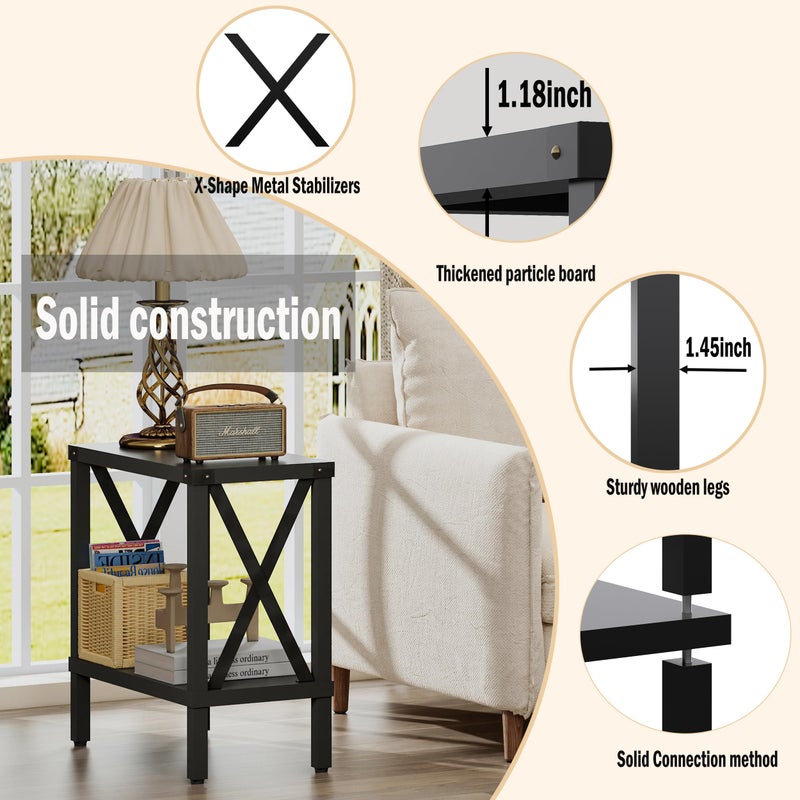 MMEOLUOOK Narrow End Table, Large Sofa Side Table, Farmhouse Nightstand with Storage Shelve, Slim Bedside Table for Living, Room Bedroom, Lounge Black MLBZ17B - Image 4