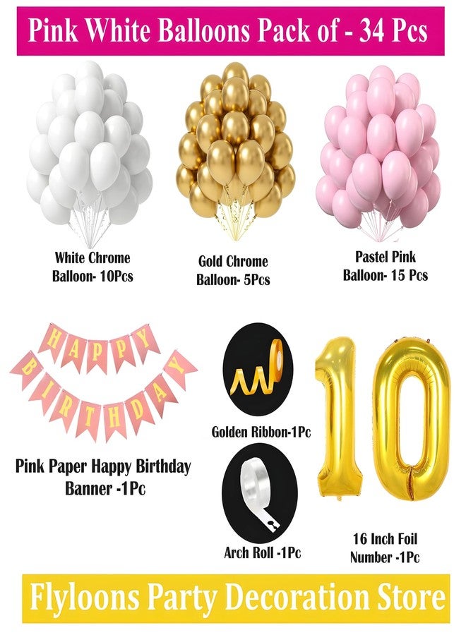 Flyloons 10th Birthday Decoration Items Pink and White Theme Combination for Girls Princes | 30 Pcs Pink White Gold Balloons | Pink Happy Birthday Paper Banner | Arch Tape - Image 2