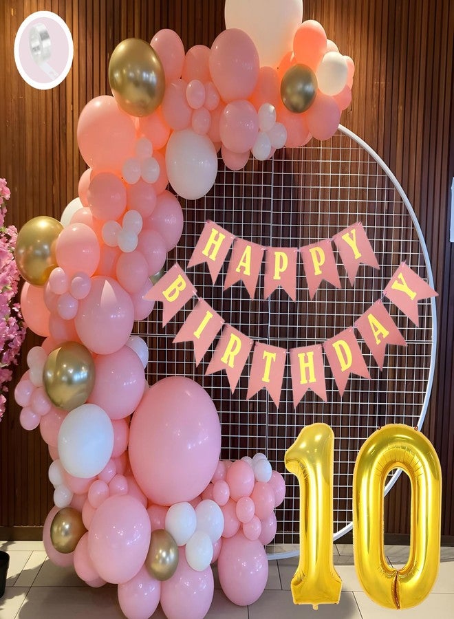 Flyloons 10th Birthday Decoration Items Pink and White Theme Combination for Girls Princes | 30 Pcs Pink White Gold Balloons | Pink Happy Birthday Paper Banner | Arch Tape - Image 1