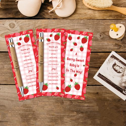 Toerifer 30 Pcs Baby Shower Gifts, Baby Shower Favors for 30 Guest Set Included Bamboo Pens Greeting Thank You Cards, Gender Reveal Souvenirs Prizes, Strawberry Gender Reveal Decor - Image 5