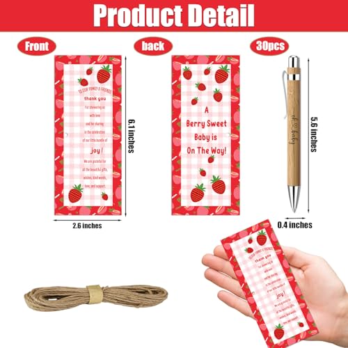 Toerifer 30 Pcs Baby Shower Gifts, Baby Shower Favors for 30 Guest Set Included Bamboo Pens Greeting Thank You Cards, Gender Reveal Souvenirs Prizes, Strawberry Gender Reveal Decor - Image 2