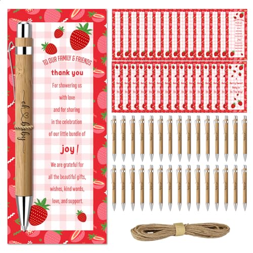 Toerifer 30 Pcs Baby Shower Gifts, Baby Shower Favors for 30 Guest Set Included Bamboo Pens Greeting Thank You Cards, Gender Reveal Souvenirs Prizes, Strawberry Gender Reveal Decor - Image 1