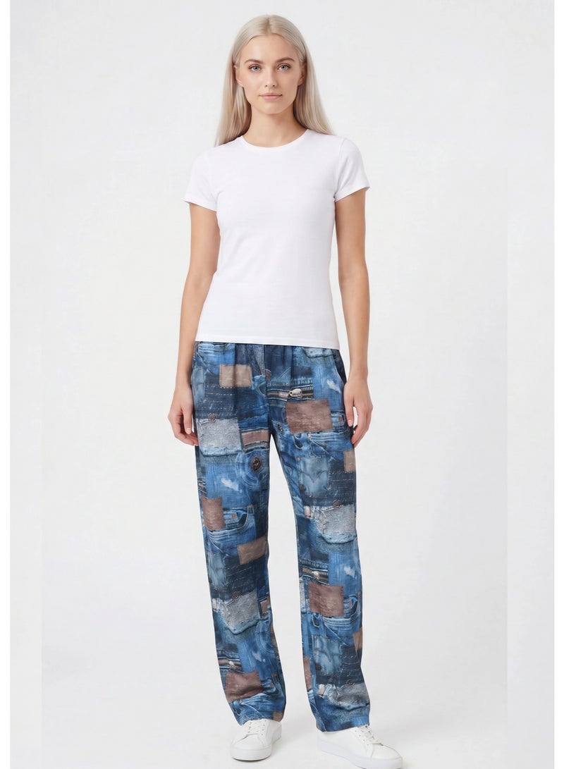 Moistreet Women's Printed Lounge Trousers with Denim-Inspired Design - Image 1