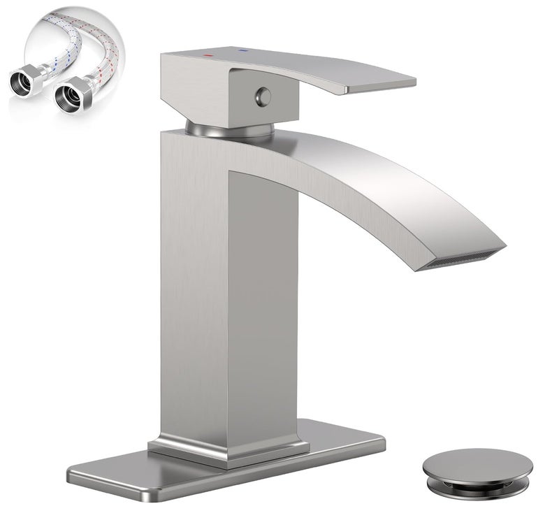 Green Spring Brushed Nickel Bathroom Sink Faucet, Greenspring Waterfall Bathroom Faucets,1 Hole Single Handle Brass Modern Commercial Bathroom Faucet with Pop Up Drain and Supply Line - Image 1