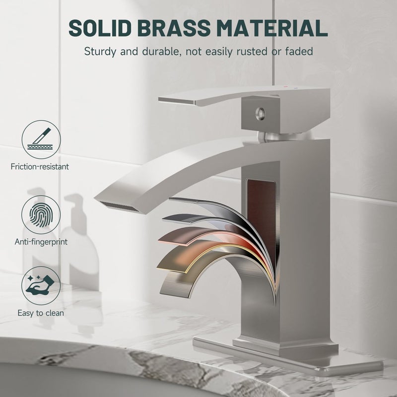 Green Spring Brushed Nickel Bathroom Sink Faucet, Greenspring Waterfall Bathroom Faucets,1 Hole Single Handle Brass Modern Commercial Bathroom Faucet with Pop Up Drain and Supply Line - Image 4