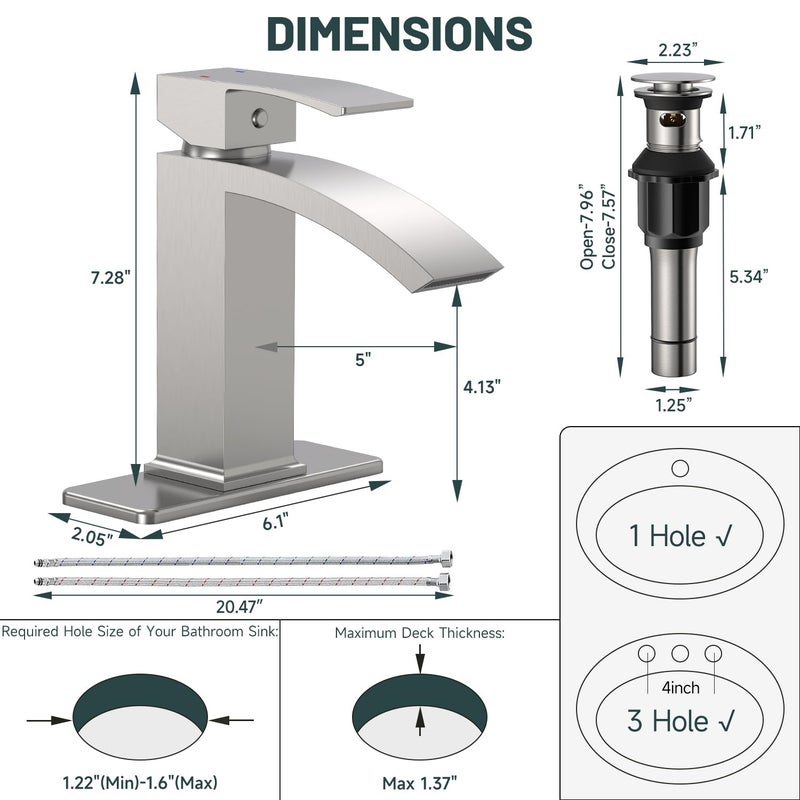 Green Spring Brushed Nickel Bathroom Sink Faucet, Greenspring Waterfall Bathroom Faucets,1 Hole Single Handle Brass Modern Commercial Bathroom Faucet with Pop Up Drain and Supply Line - Image 2
