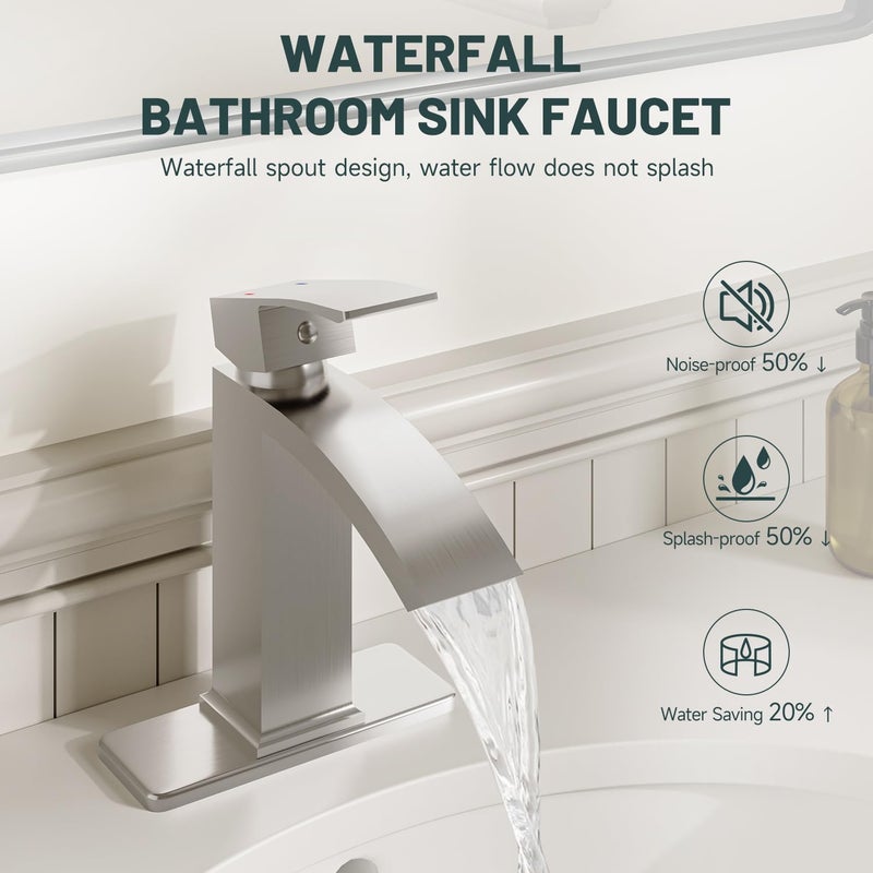 Green Spring Brushed Nickel Bathroom Sink Faucet, Greenspring Waterfall Bathroom Faucets,1 Hole Single Handle Brass Modern Commercial Bathroom Faucet with Pop Up Drain and Supply Line - Image 3