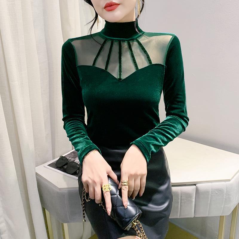 European autumn and winter European new bottoming shirt Womens velvet stitching mesh elegant small shirt Western style fashion top women Dark green - Image 1