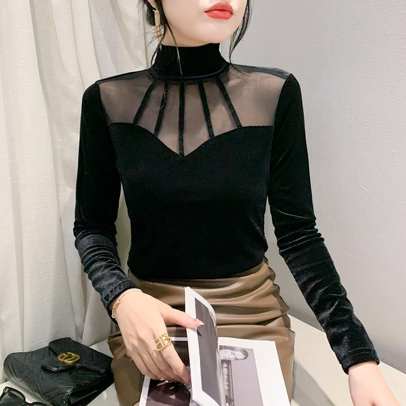 European autumn and winter European new bottoming shirt Womens velvet stitching mesh elegant small shirt Western style fashion top women Dark green - Image 4