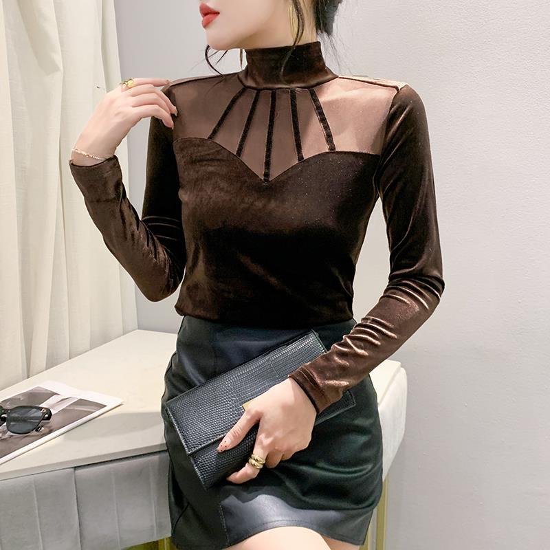 European autumn and winter European new bottoming shirt Womens velvet stitching mesh elegant small shirt Western style fashion top women Dark green - Image 2