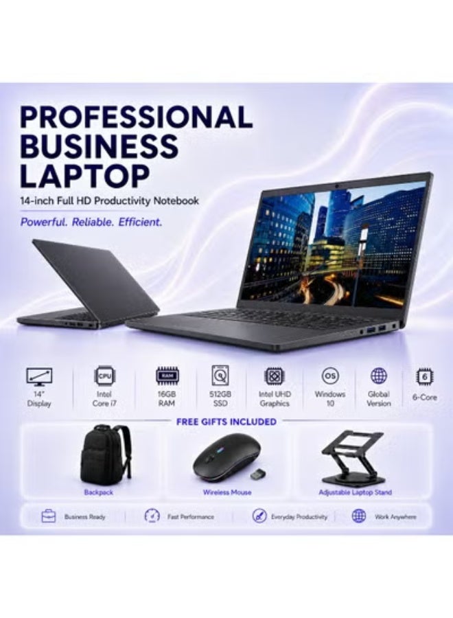 لابتوب أعمال احترافي 14 بوصة FHD، معالج Intel Core i7، ذاكرة 16 جيجابايت، SSD سعة 512 جيجابايت، مع شنطة ظهر وماوس لاسلكي وحامل لابتوب قابل للتعديل للعمل والإنتاجية - Image 1