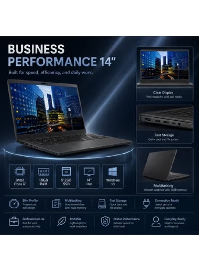 لابتوب أعمال احترافي 14 بوصة FHD، معالج Intel Core i7، ذاكرة 16 جيجابايت، SSD سعة 512 جيجابايت، مع شنطة ظهر وماوس لاسلكي وحامل لابتوب قابل للتعديل للعمل والإنتاجية - Image 2