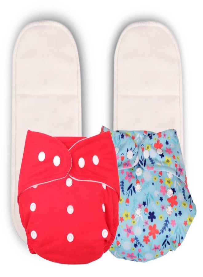 Deedry Baby Cloth Diapers Washable & Reusable Diapers with Adjustable Snap Buttons 3 Months- 3 Years 1 Red & 1 Print Diaper + 2 Inserts/Pads - Image 1