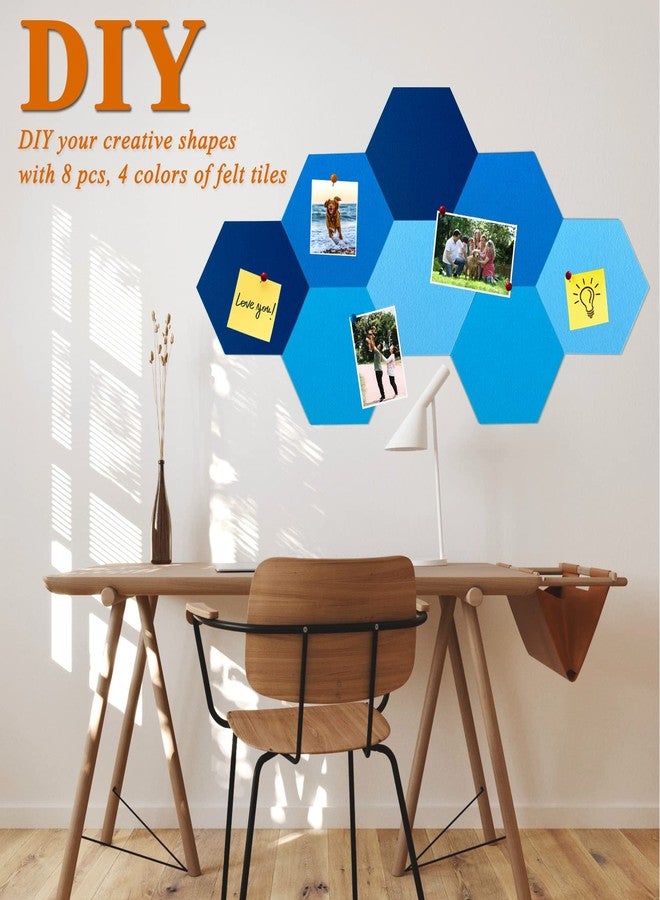 HULAVO 8Pcs Hexagon Felt Cork Board Tiles, Self Adhesive DIY Bulletin Board Pin Board for Office School Home Wall Decor Stickers Memos Photos Display (Gradual Blue) - Image 3