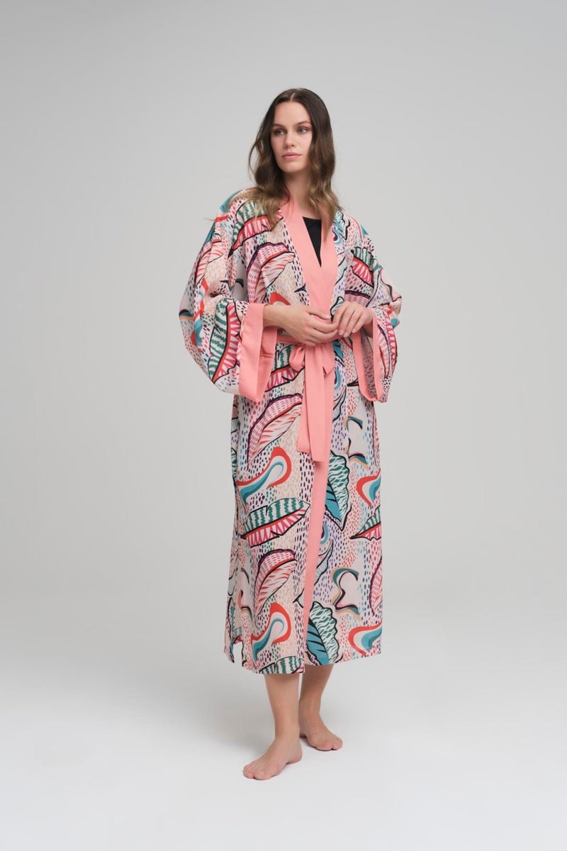 Haşema Colorful Leaf Patterned Powder Long Kimono - Image 1