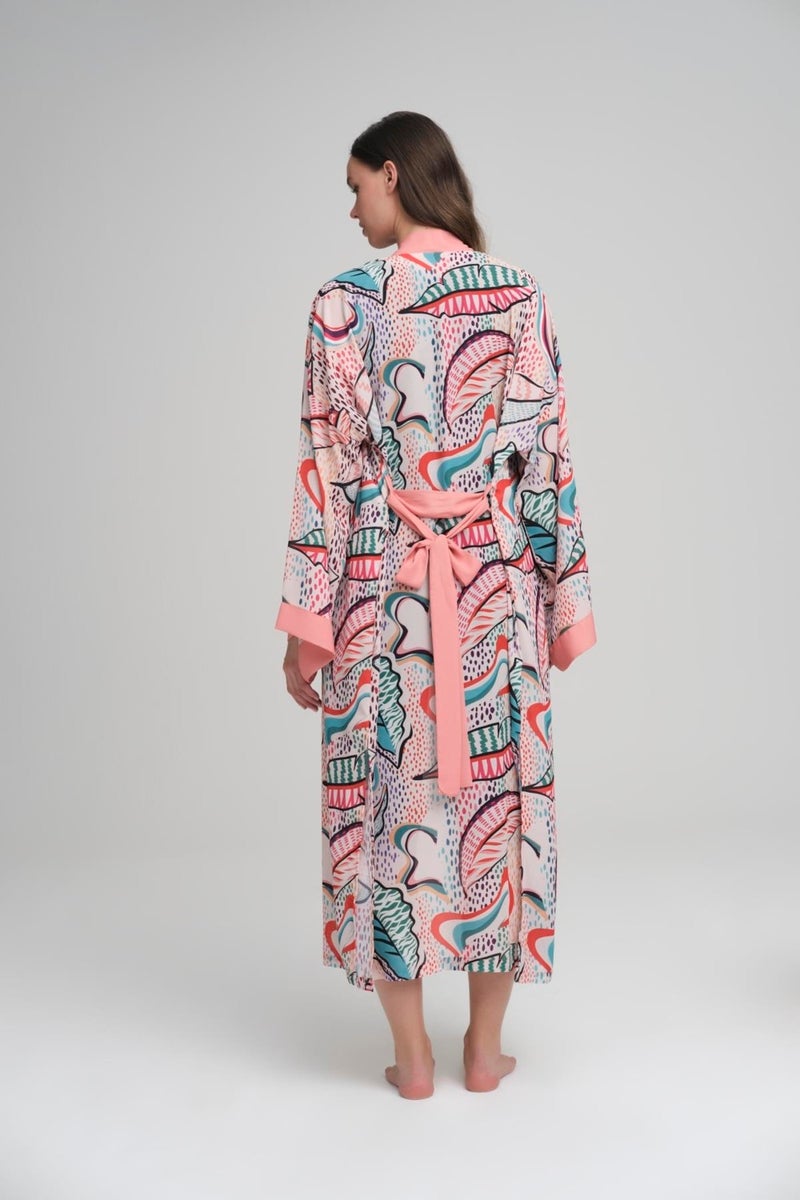 Haşema Colorful Leaf Patterned Powder Long Kimono - Image 4