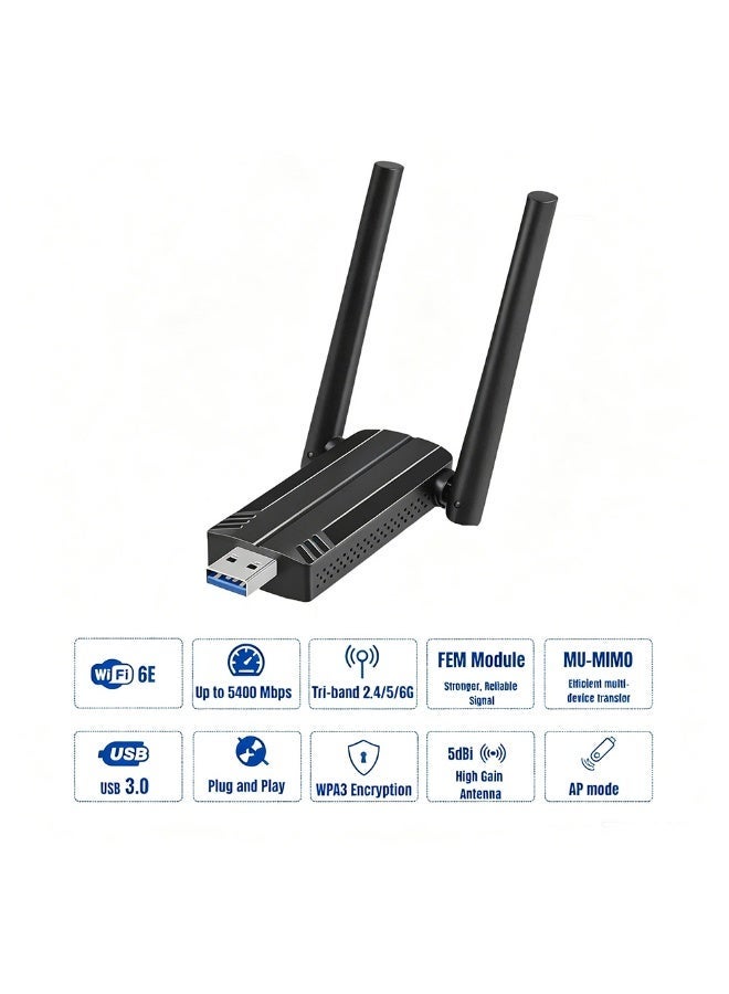 نيكور محول USB للشبكة اللاسلكية (WiFi) - مستقبل خارجي ثلاثي النطاق (6 جيجاهرتز/5 جيجاهرتز/2.4 جيجاهرتز) بسرعة 5400 ميجابت في الثانية، يدعم تقنيات OFDMA وMU-MIMO وUSB 3.0، ومزود بخاصية التوصيل والتشغيل (Plug & Play) لأجهزة الكمبيوتر المكتبية والمحمولة. - Image 2