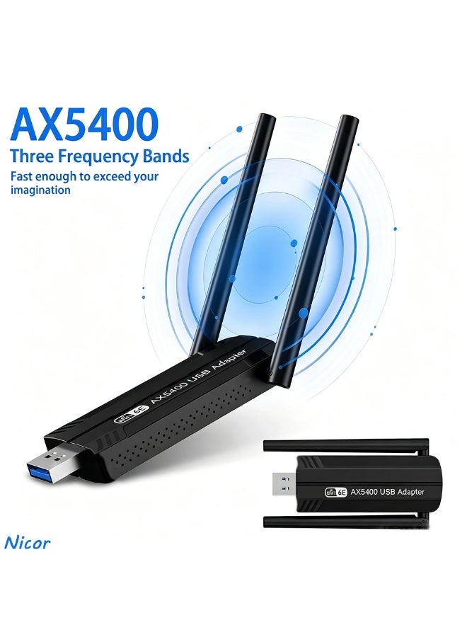 نيكور محول USB للشبكة اللاسلكية (WiFi) - مستقبل خارجي ثلاثي النطاق (6 جيجاهرتز/5 جيجاهرتز/2.4 جيجاهرتز) بسرعة 5400 ميجابت في الثانية، يدعم تقنيات OFDMA وMU-MIMO وUSB 3.0، ومزود بخاصية التوصيل والتشغيل (Plug & Play) لأجهزة الكمبيوتر المكتبية والمحمولة. - Image 1