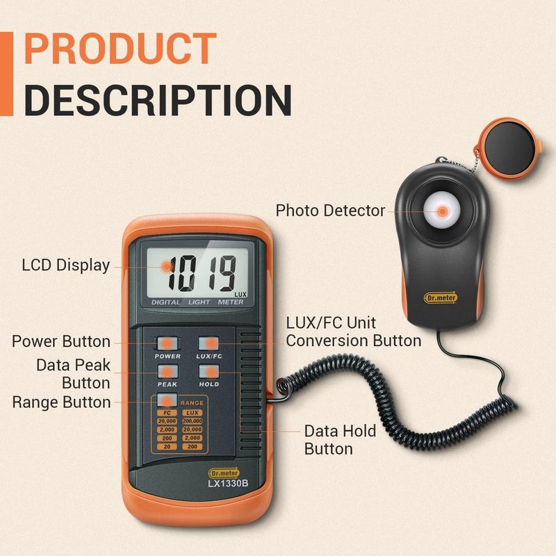 Dr.meter LX1330B Digital Illuminance Light Meter, 0-200,000 Measurement Range Lux Meter - Image 2
