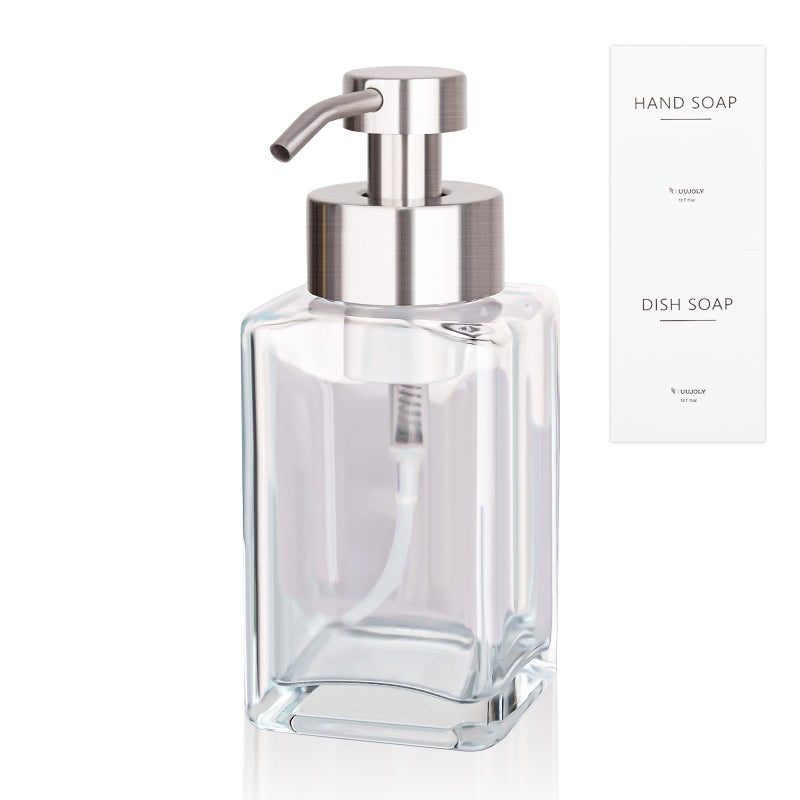 UUJOLY Foaming Soap Dispenser with Stainless Steel Pump, 12oz Refillable Glass Liquid Dish Soap Bottles for Bathroom, Kitchen Sink, Home Decor - Image 1