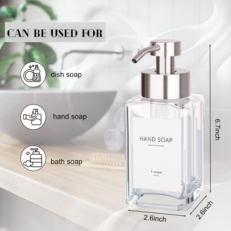 UUJOLY Foaming Soap Dispenser with Stainless Steel Pump, 12oz Refillable Glass Liquid Dish Soap Bottles for Bathroom, Kitchen Sink, Home Decor - Image 3