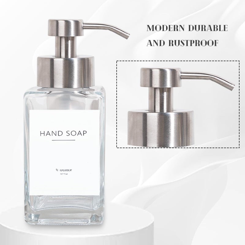 UUJOLY Foaming Soap Dispenser with Stainless Steel Pump, 12oz Refillable Glass Liquid Dish Soap Bottles for Bathroom, Kitchen Sink, Home Decor - Image 4