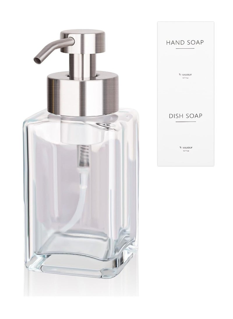 UUJOLY Foaming Soap Dispenser with Stainless Steel Pump, 12oz Refillable Glass Liquid Dish Soap Bottles for Bathroom, Kitchen Sink, Home Décor  - Image 1