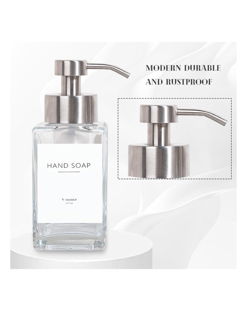UUJOLY Foaming Soap Dispenser with Stainless Steel Pump, 12oz Refillable Glass Liquid Dish Soap Bottles for Bathroom, Kitchen Sink, Home Décor  - Image 2