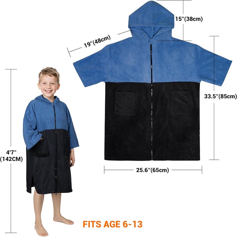 Zingtto Hooded Towels for Kids Zippered Surf Poncho Swim Robe for 6-13 Years, 3/4 Sleeve Big Kids Hooded Beach Towel Thick Changing Robe Girls Boys, Black Blue - Image 2