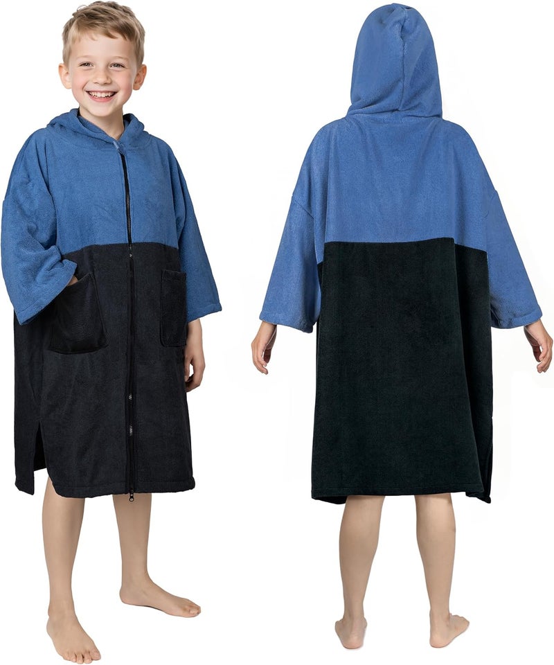 Zingtto Hooded Towels for Kids Zippered Surf Poncho Swim Robe for 6-13 Years, 3/4 Sleeve Big Kids Hooded Beach Towel Thick Changing Robe Girls Boys, Black Blue - Image 1